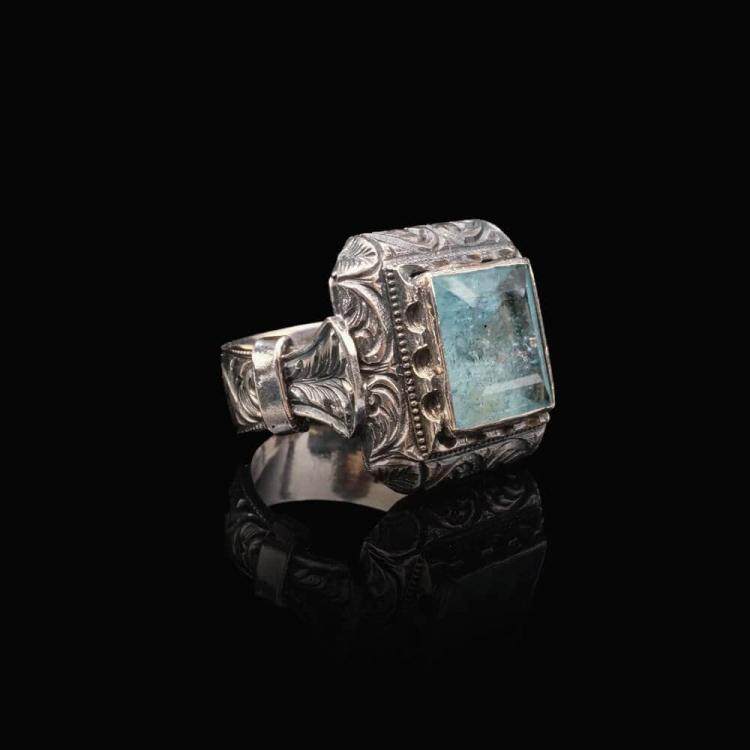 土耳其代购Ring㊣ 手作闪亮复古氧化纯银镶嵌天然海蓝宝石戒指