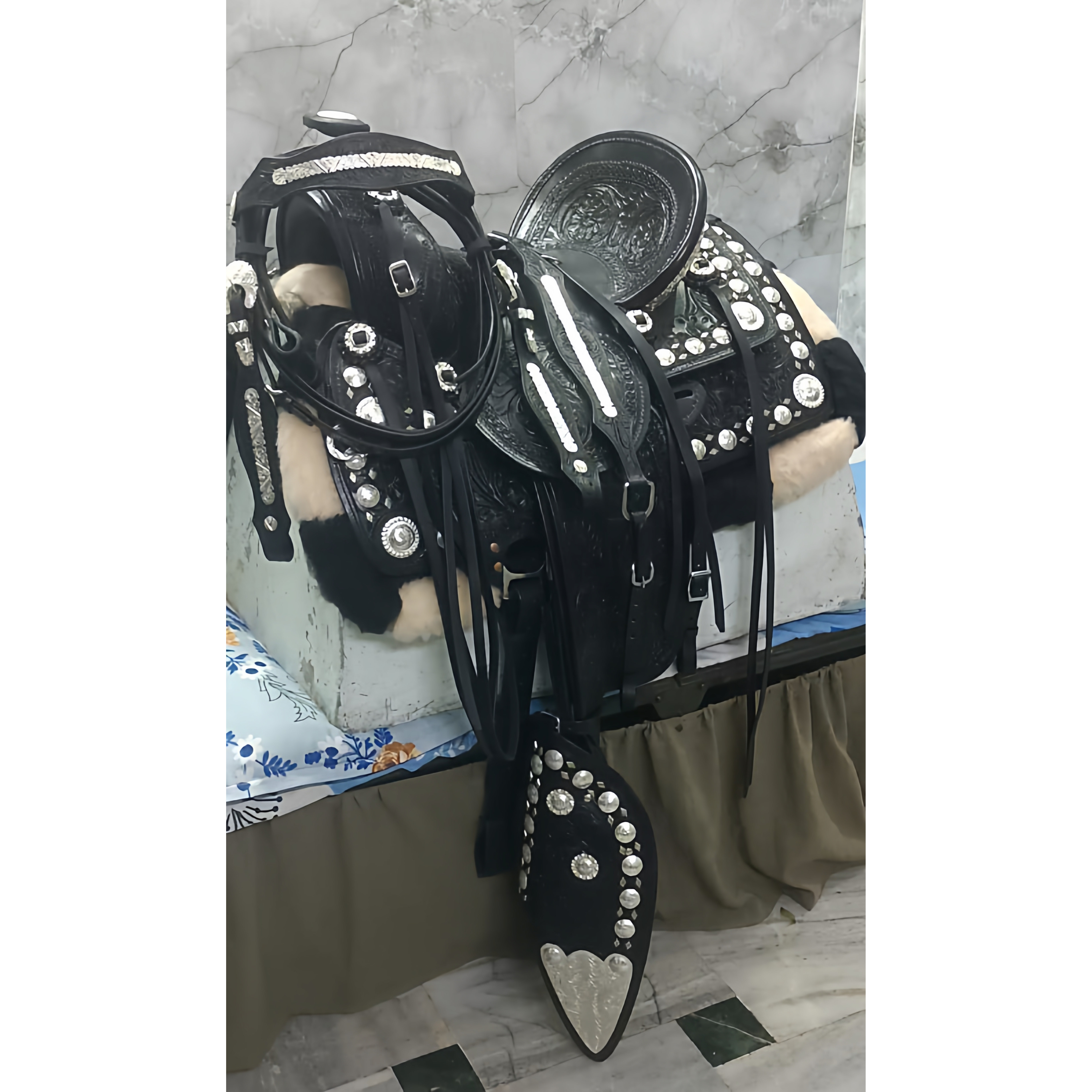 海外代购Western◇手作黑色真皮雕花银色饰边含头带胸带西部马鞍