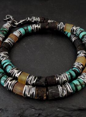 天然琥珀绿松石宝石氧化纯银项链