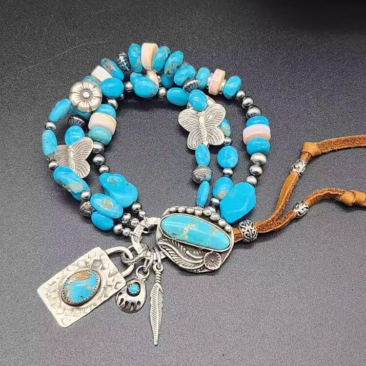 美国代购Bracelet㊣ 手作波西米亚蓝色绿松石海螺壳纯银蝴蝶手链