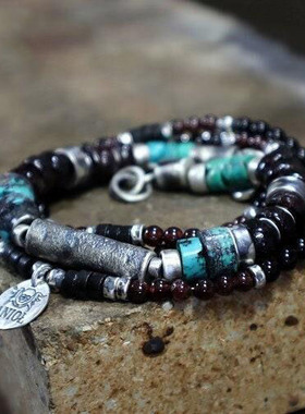 纯银绿松石石榴石手链套装天然