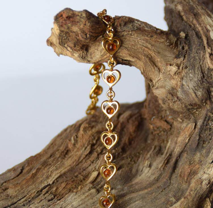 意大利代购Bracelet㊣ 手作天然波罗海琥珀镶嵌纯银镀金心形手链