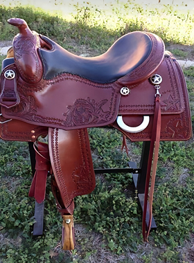 海外代购Barrel◇手作棕色真皮包裹雕花含头笼胸甲西部桶形马鞍