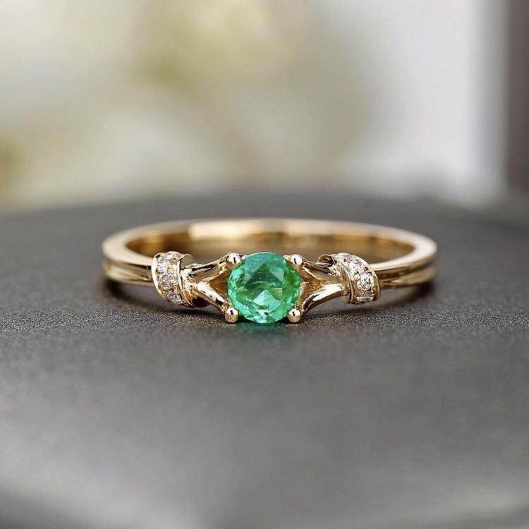 美国代购Jewelry㊣ 手作华丽圆形天然祖母绿钻石镶嵌18k纯金戒指