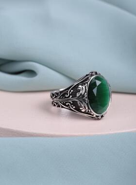 蓝虎眼石宝石镶嵌树形纯银戒指