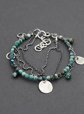 氧化纯银天然绿松石手链分层叠戴