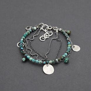 澳大利亚代购Turquoise◇手作复古绿松石宝石纯银分层叠戴手链