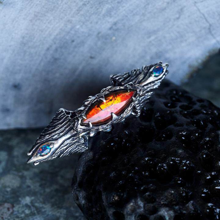 印尼代购Ammolite◇手作复古哥特天然斑彩石蛋白石宝石纯银戒指