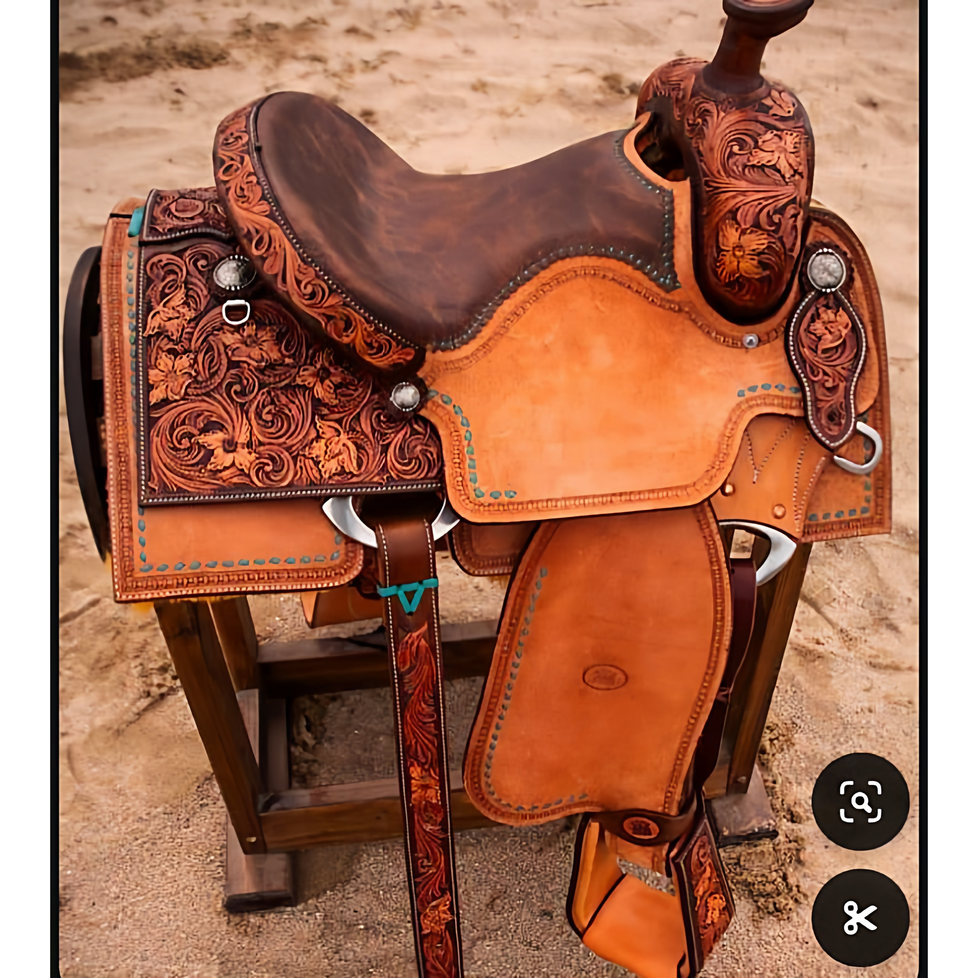 海外代购Saddle㊣ 手作深棕色鞍座皮革雕刻花卉铝制马镫西部马鞍