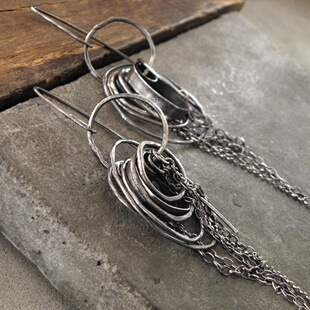 波兰代购Dangle◇手作复古波西米亚银环氧化纯银吊坠链式耳环耳饰