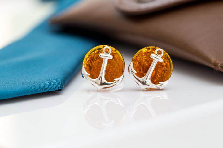 英国代购Cufflink㊣ 手作精巧优雅圆形海琥珀纯银实心锚男士袖扣
