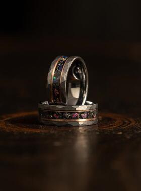 陨石银河蛋白石镶嵌情侣结婚戒指