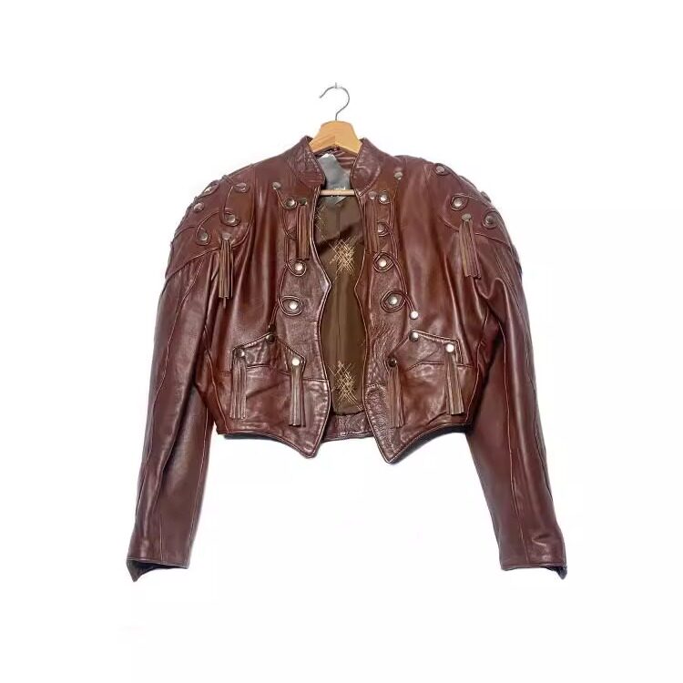 意大利代购Jacket㊣ 古着1980年代铆钉流苏棕色皮革短夹克皮衣