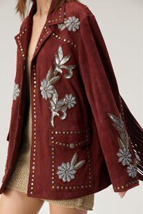 美国代购 手作铆钉亮片串珠贴花刺绣流苏绒面革夹克外套 Jacket㊣