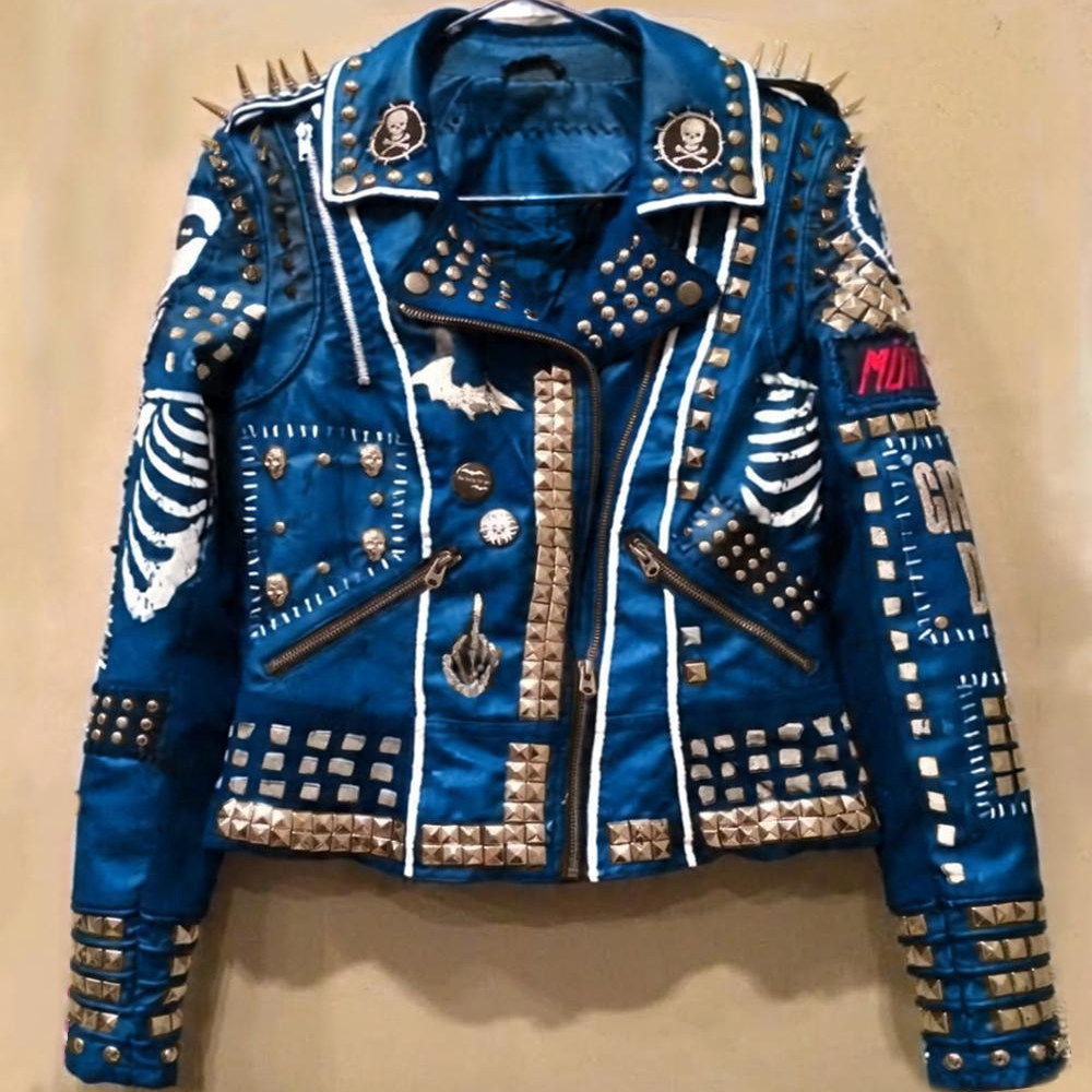 泰国代购Studded◇手作哥特朋克蓝色真皮铆钉尖钉骷髅夹克皮衣