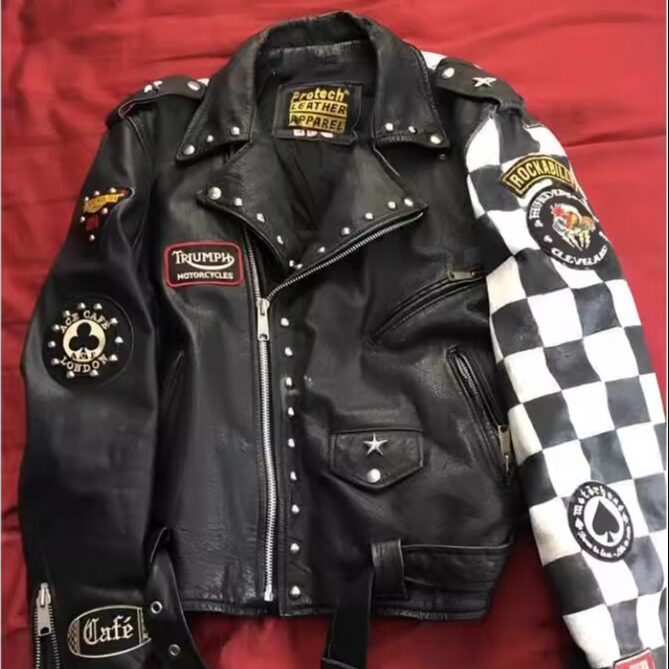 美国代购Jacket㊣ 手作哥特朋克铆钉皮革国际棋盘图案机车皮衣
