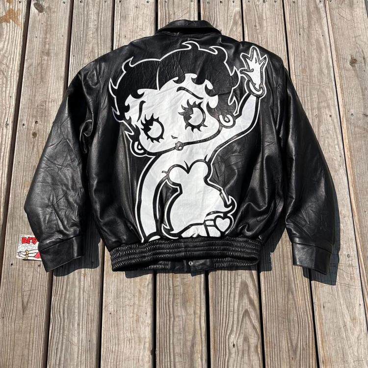 美国代购Jacket㊣ 古着黑白皮革拼接抽象可爱卡通娃娃夹克皮衣
