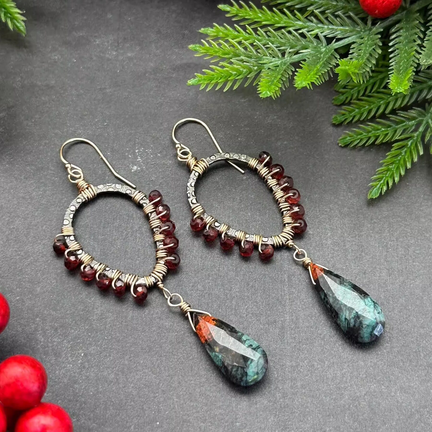 美国代购Earrings◎手作石榴石索诺兰日落蓝孔雀石铜矿金属耳环