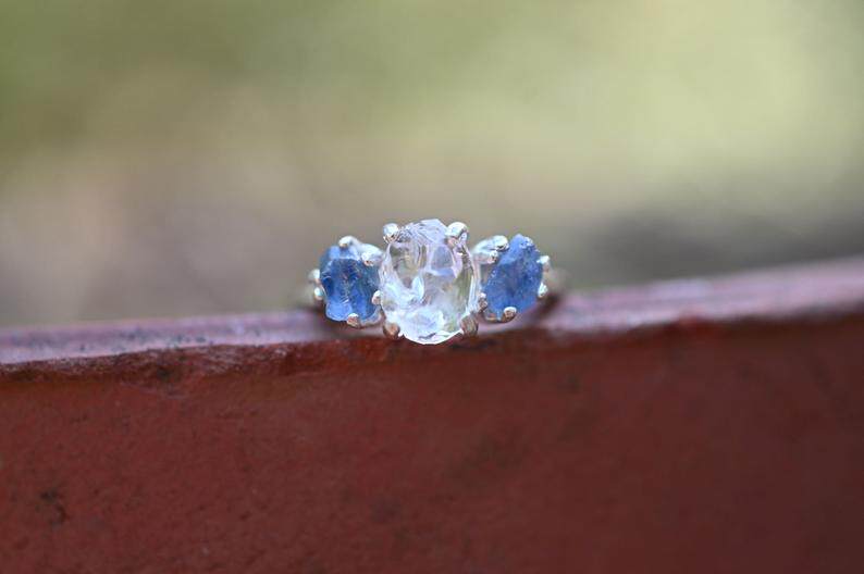 加拿大代购Sapphire◇手作天然蓝宝石钻石镶嵌纯银订婚结婚戒指