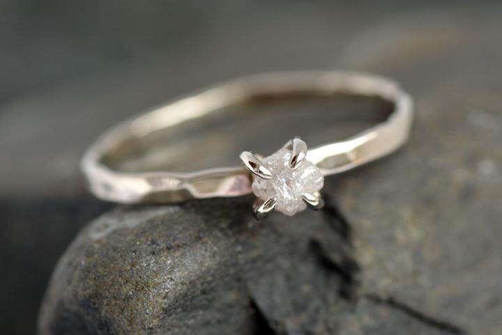 海外代购Diamond◇手作复古天然原石钻石白钻纯银18K金结婚戒指