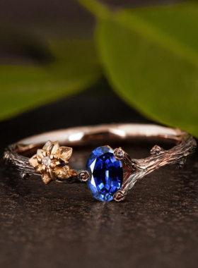 女蓝宝石小钻石戒指镶嵌树枝花朵