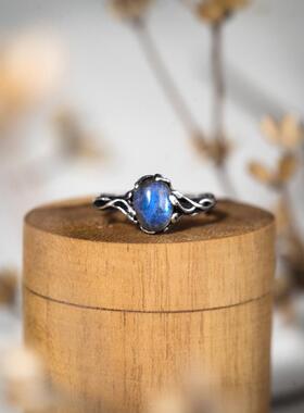 天然蓝色宝石拉长石树枝戒指纯银