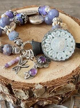 美国代购Tanzanite◇手作紫水晶坦桑石镶嵌花朵蜻蜓太阳扣银手链