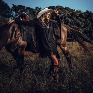 美国代购Western㊣ 手作精美刺绣流苏西式衬衫裙西部牛仔连衣裙