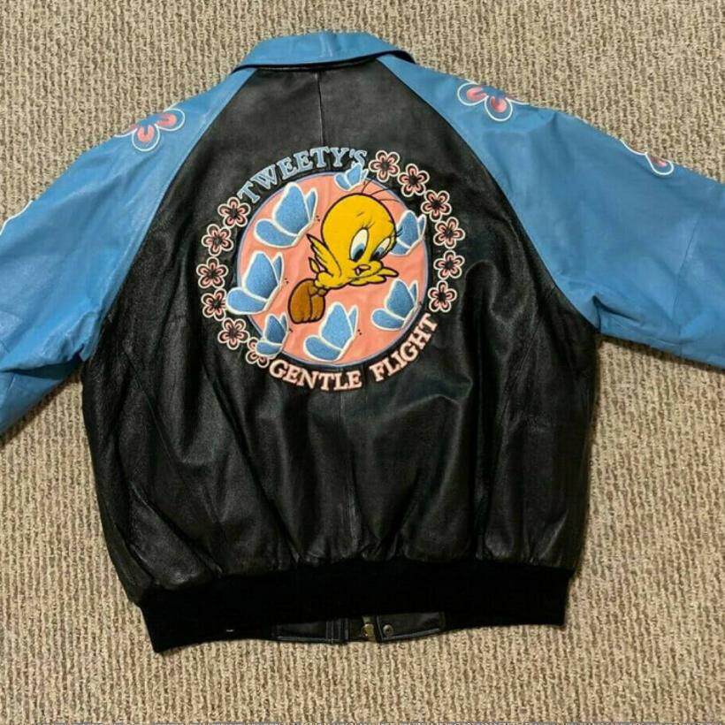 美国代购Jacket  ▼古着可爱崔迪公仔蓝色花朵皮革飞行员夹克皮衣