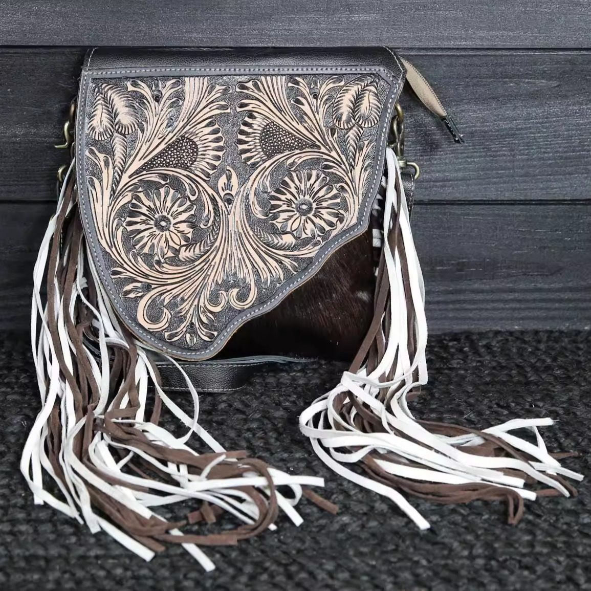 美国代购Crossbody ▽手作西部牛仔马毛皮雕花流苏单肩斜挎牛皮包