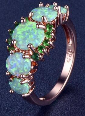 Opal㊣海外代购 手作迷人精美绿色欧泊石五月生日石镶嵌黄铜戒指