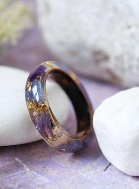 海外代购Nature◇手作紫蓝色花瓣桦树皮木质24K金箔天然树脂戒指