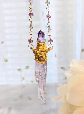 海外代购Necklace㊣ 手作华丽精美粉红色紫锂辉石紫水晶吊坠项链