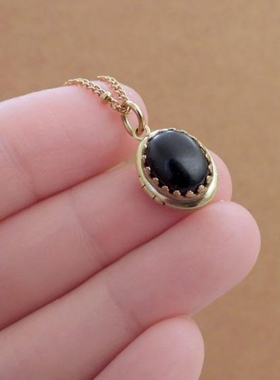 美国代购Locket◇手作复古椭圆黑玛瑙皇冠小巧照片盒子黄铜项链