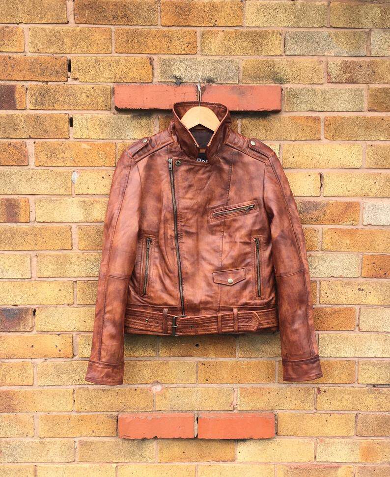 英国代购Biker◇手作复古经典棕带皮革机车摩托车真皮夹克皮衣