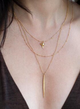 金针叠戴串珠细针分层14K金项链