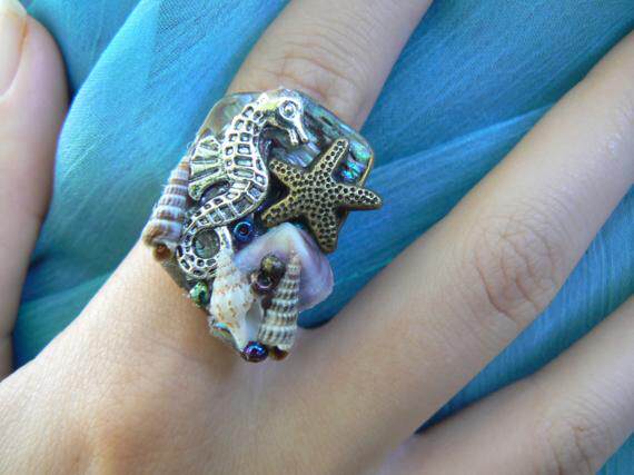 RING㊣美国代购 手作迷人鲍鱼贝壳海马雕刻美人鱼主题个性戒指