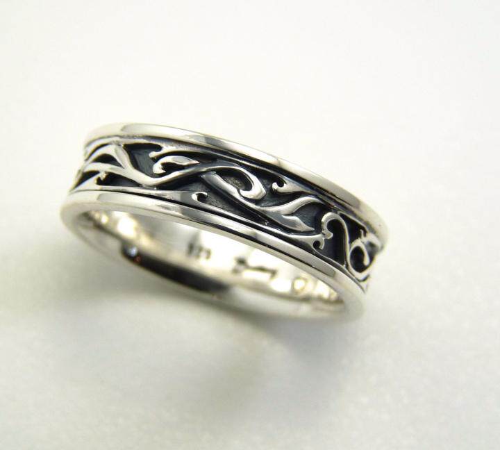 加拿大代购Wedding◇手作复古随机主题波浪曲线浮雕纯银结婚戒指