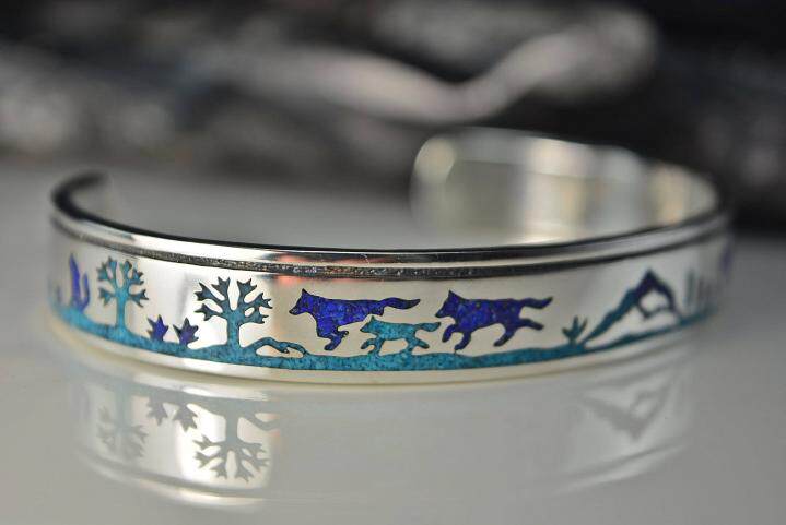 美国代购 Cuff◇手作复古部落狼群青金石绿松石镶嵌开口纯银手镯