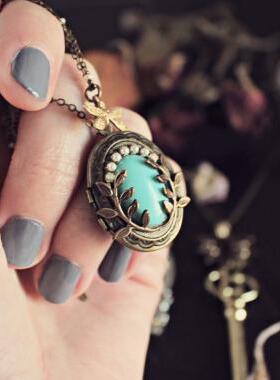 Locket㊣美国代购 手作古典艺术维多利亚盒式翻盖绿松石坠子项链