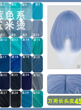 【A一】蓝色万用cos假发45CM蓬蓬丝墨蓝色蓝湖蓝靛蓝绿头皮顶