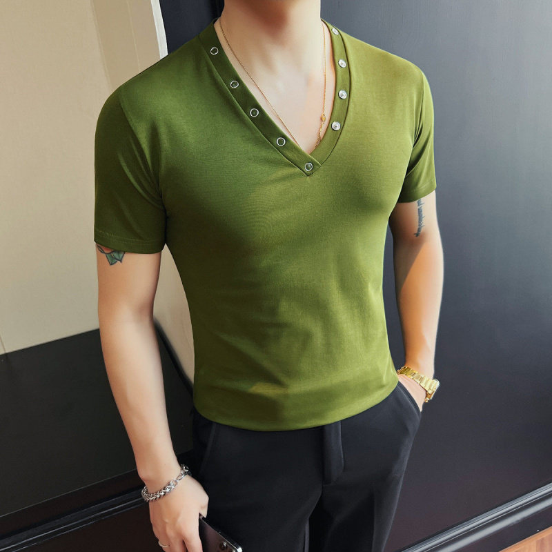 修身V领短袖T恤男黑色铆钉装饰高弹力针织衫潮流上衣服夏装中青年