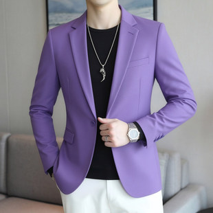 紫色男士 修身 韩版 西服外套单西上衣服双开叉商务中年老年 休闲西装