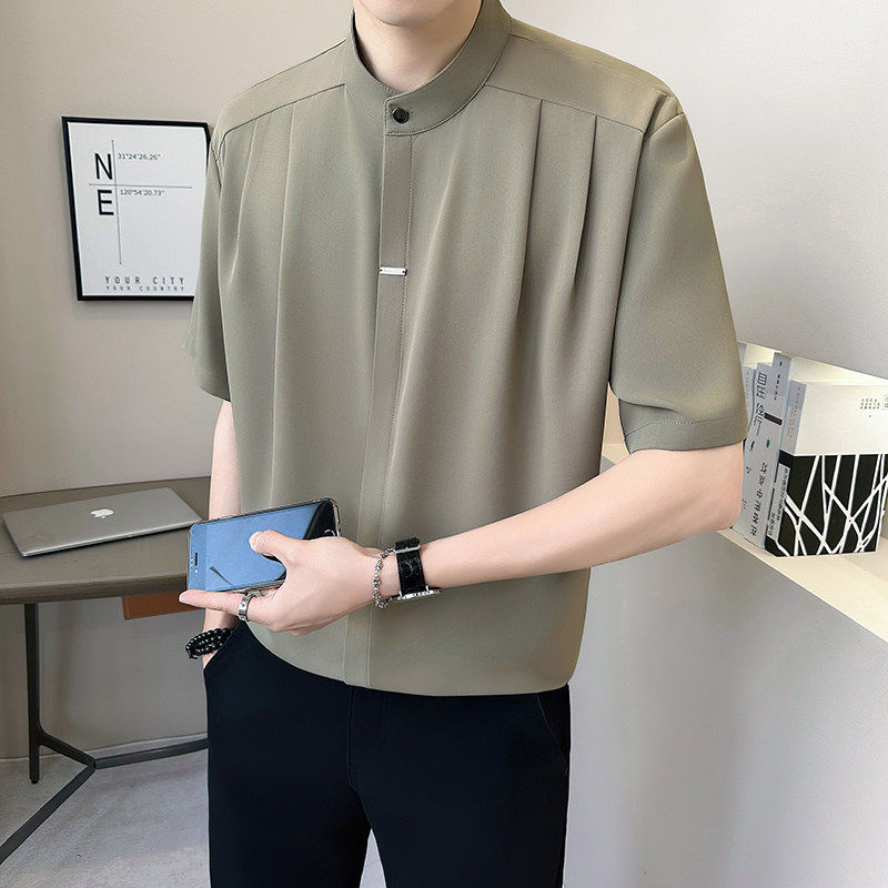 2026夏季新品暗扣冰丝中袖衬衫白色黑色衬衣纯色寸衫上衣服男装潮