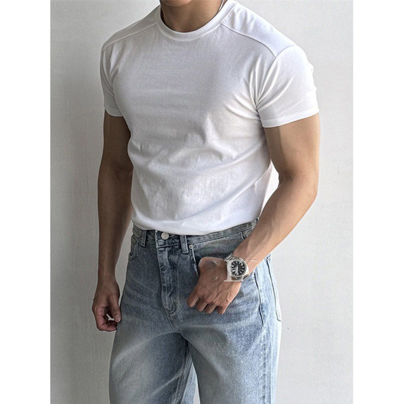 2026男士短袖T恤修身显瘦弹力透气白色半袖时尚百搭纯色体恤上衣