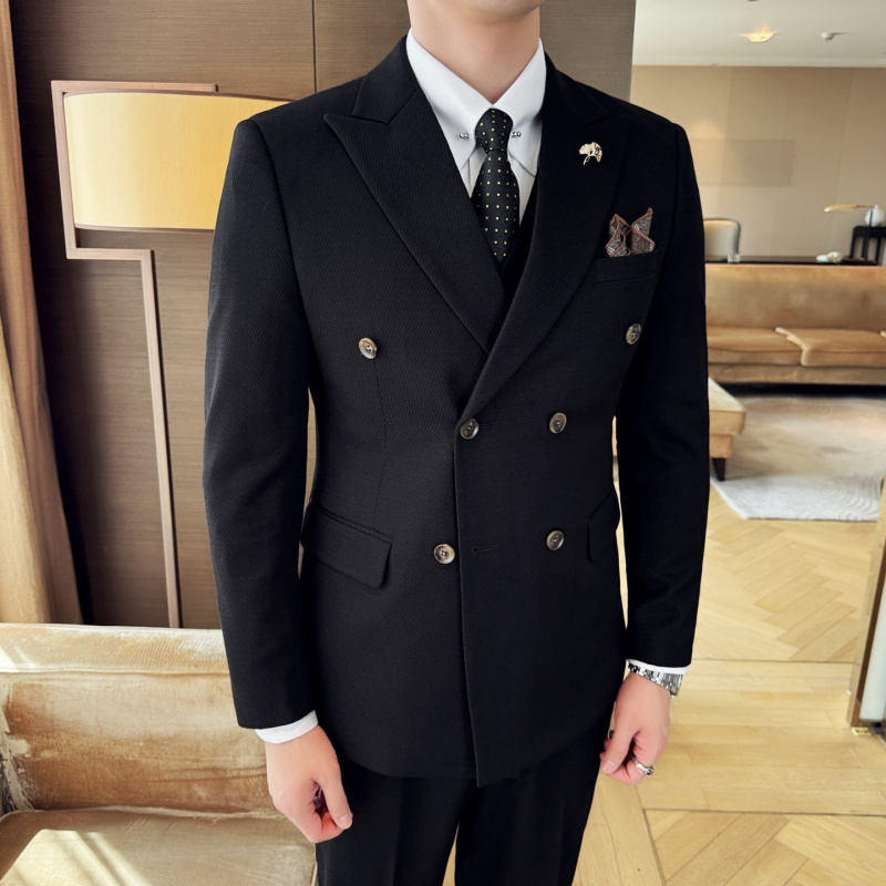 厚款双排扣西服套装男士三件套潮