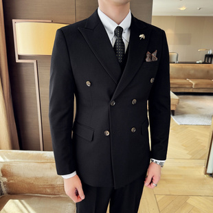 秋冬厚款西服套装男士三件套韩版修身职业正装双排扣宴会服装礼服