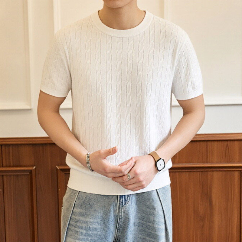 圆领短袖纯色百搭麻花针织T恤上衣男白色青少年潮流帅气男装时尚
