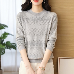 桑蚕丝羊绒混纺毛衣妈妈装 镂空针织衫 上衣女 长袖 优媛昊艺秋冬新款
