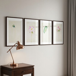 苏绣成品挂画客厅背景墙荷花四联装 高端 饰画苏州纯手工刺绣新中式